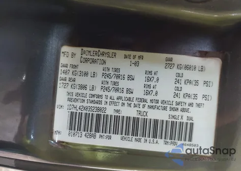 2003 Dodge Dakota Slt z USA, uszkodzony, nr VIN 1D7HL42X03S238022